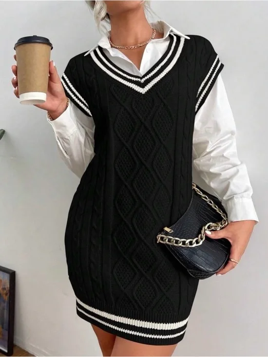 SHEIN Black Knit V-Neck Cable Midi Sweater Dress with White Trim - Picture 2 of 3